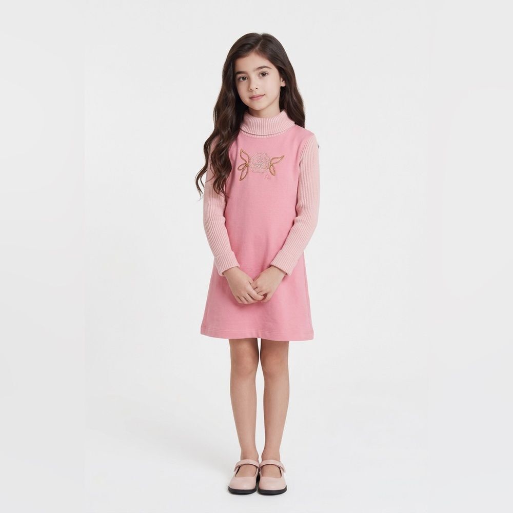 Paper Moon Rose Pink Mock Neck Dress With Crystal Rose Size 4-5 New